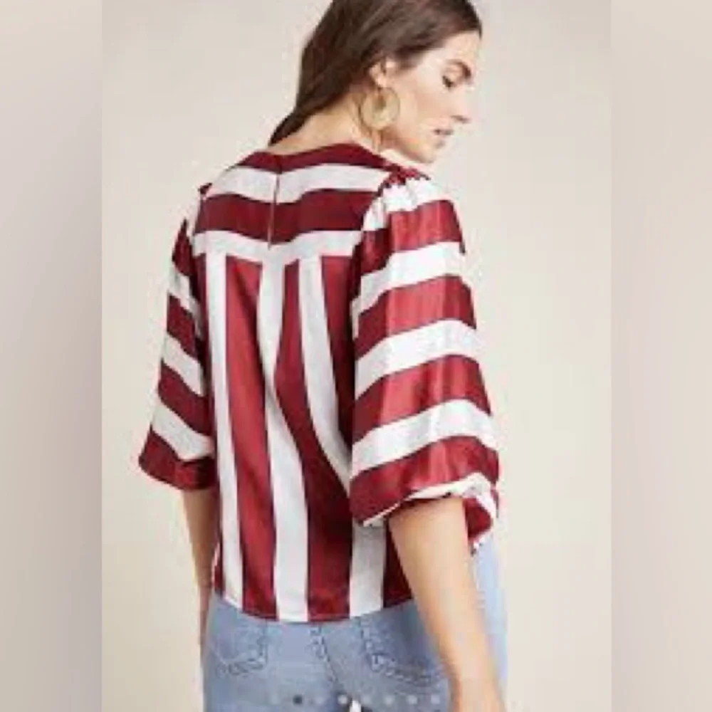 Anthropologie Red and White Striped Satin Blouse